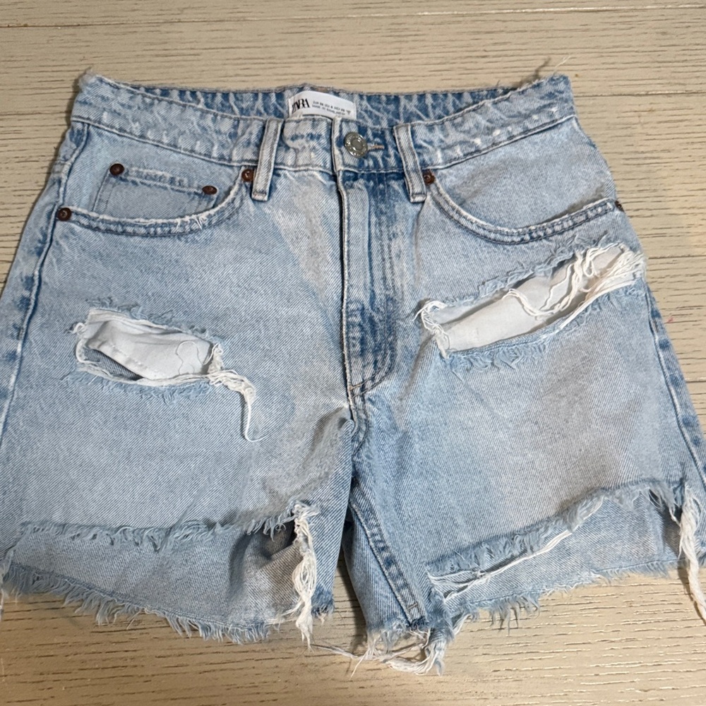 Zara Distressed Light Blue Denim Shorts